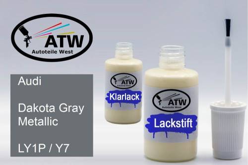 Audi, Dakota Gray Metallic, LY1P / Y7: 20ml Lackstift + 20ml Klarlack - Set, von ATW Autoteile West.